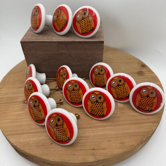 Owl vintage draw pulls knobs porcelain ceramic red orange black set of 13 made i - Picture 3 of 13